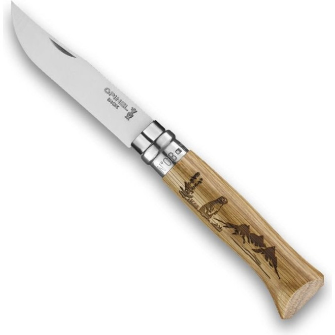 Нож Opinel №8, нержавеющая сталь, рукоять дуб, гравировка сурок 003227